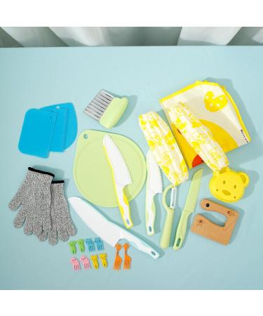 Abizarch 25Pcs Kids Cooking Set Safe Kids Kitchen Cutter Set Montessori Kitchen Tools with Cutters Potato Chipper Peeler Oversleeves Bear Sandwich Mould Chopping Bboard Gloves Apron Fruits Forks for C Picture money - Buy Online on GoSupps.com
