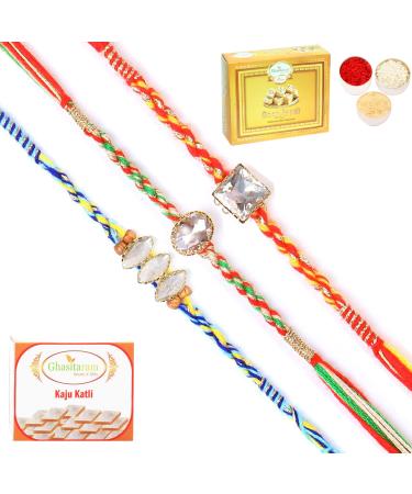 Ghasitaram Gifts Rakhi for Brother Rakhis Online - Set of 3 6300 6371 6400 Fancy Rakhis with 200 GMS of Kaju katli and 200 GMS of Soan Papdi