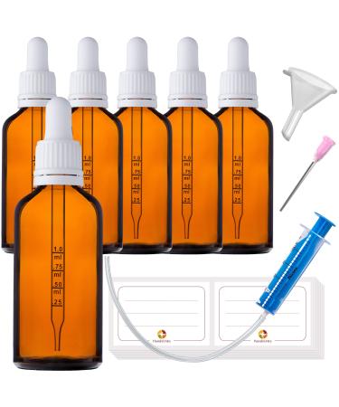 Handsunity 50ml-6Stk pipette glass bottle-amber glass pharmacy glass set with white pipette lock including 17 pieces of aids brown las bottles 50ml-6 pieces white cap