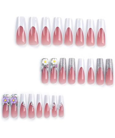French Tip Press on Nails - Long Press On Nails with Nail Tips White edged white and purple flower powder blusher pearl false nails press on nails Acrylic False Nails Cute Artificial Nails - Buy Online on GoSupps.com