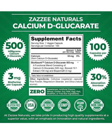 Zazzee BioAbsorb Calcium D-Glucarate 500mg Capsules with BioPerine & Broccoli Extract - Vegan, Non-GMO - Buy Online on GoSupps.com