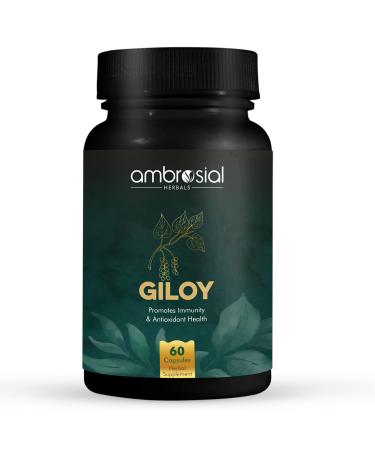 Ambrosial Giloy Tablets 500mg | Natural Giloy Guduchi Extract Antioxidant Properties Immunity Booster | Relieves Cough & Cold (Pack of 1-60 Capsules) 60 count (Pack of 1)
