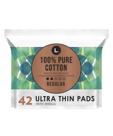 L. Ultra Thin Unscented Pads with Wings Regular Absorbency 42 Ct 100% Pure Cotton Chlorine Free Top Layer