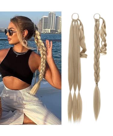 MY-LADY Long DIY Braided Ponytail Extension with Elastic Tie Straight Wrap Around Braid Hair Extensions Pony Tail Soft Synthetic Hairpiece for Women 34 inch Ash Blonde