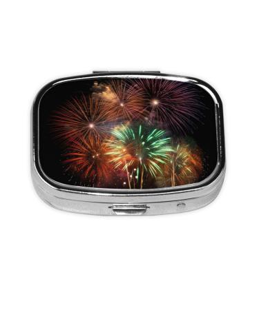 Splendid Fireworks Printing 2 Compartment Small Pill Case Cute Small Pill Box Purse Pill Boxs Travel Pill Organizer for Pocket Purse and Travel Gifts