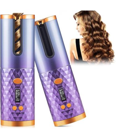 Automatic Curling Iron, Cordless Auto Hair Curler, Wireless Rechargeable Rotating Hair Curler with 6 Temp & Timer LCD Display, Fast Heating & Auto Shut Off (Purple)