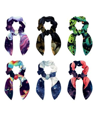 6 Pieces Bow Hair Scrunchies Rabbit Bunny Ear Scrunchies Black Crow Pattern Bow Bowknot Scrunchies Bobbles Elastic Hair Ties Ropes Ponytail Holder Accessories for Women Girls Color 2
