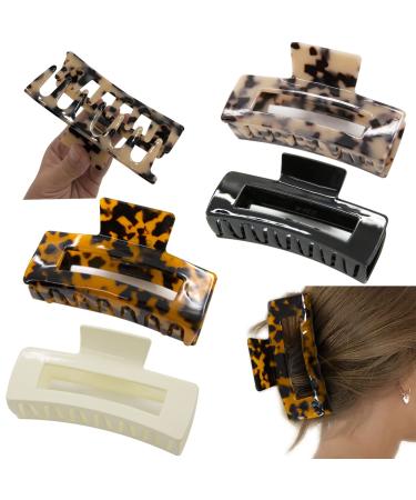 4PCS Large Hair Claw Clips  4.1 inch Big Acrylic Hair Clips for Thick Hair  Tortoise Shell Hair Jaw Clips Celluloid claw clips  Leopard Claw Hair Clips Non Slip Hair Accessories for Women and Girls (Rectangle  Brown and ...