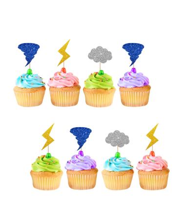 24pcs Tornado Cupcake Toppers Lightning Cupcake Toppers Colorful Glitter Weather Cake Decoration for Baby Shower Tornado Themed Birthday Party Supplies