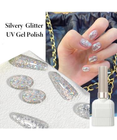 Glitter Gel Nail Polish Silvery Holographic Soak Off UV Gel Nail Varnish Metallic Sparkly Long Lasting Chip-resistant Birthday Gift for Women Diamond Shiny Finish Gel Polish 15ml - Buy Online on GoSupps.com