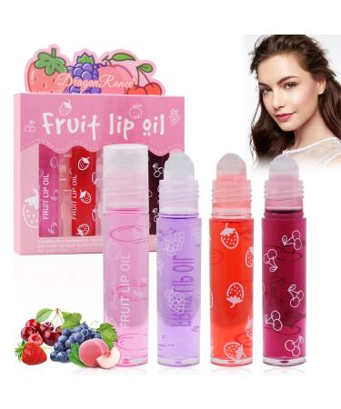 Fruity Roll On Lip Gloss Colorless Transparent Lip Oil Lip Balm Moisturizing Shiny Liquid Lipstick for Long Lasting Lips (4 Pieces 8ml)