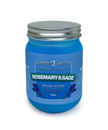 Scented Candle for Glass Mason Jar Candle with Natural Essential Oils & Soy Wax 12oz Rosemary & Sage Aromatherapy Candles Smokeless Non-Toxic Candle for Outdoor or Indoor Blue