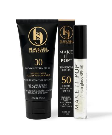 Black Girl Sunscreen SPF 30 Lotion & Make It Pop Sungloss - Sun Protection for Face & Body, Clear SPF Lip Gloss, Travel Size, No White Cast for Melanin Rich Skin - 2 Pack