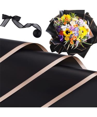 Jutieuo 20 Sheets Flower Wrapping Paper Florist Bouquet Supplies Waterproof Floral Wrapping Paper with Ribbon  22.8x22.8 inch (Black)