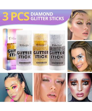 Body Glitter Stick Set - 3pc Festival Cosmetic Glitter for Face Lips Eyes & Hair | Holographic Gold & Silver Sequin Party Sparkle - Buy Online on GoSupps.com