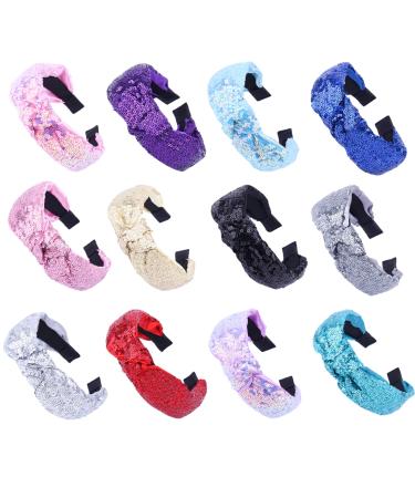 Candgirl Boho Knotted Headbands for Women Girls Wide Hair Bands Fashion Yoga Headband Glitter Sequin Head Bands for Ladies Adult Elastic Hair Accessories 12Pcs