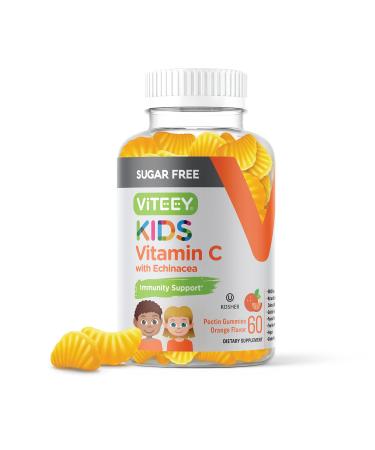 Sugar Free Vitamin C Gummies for Kids 75mg with Echinacea Immune Support Booster Herbal Dietary Supplement Vegan Gelatin Free Gluten Free Non GMO - Tasty Chewable Orange Flavor Gummies 60 Count (Pack of 1)