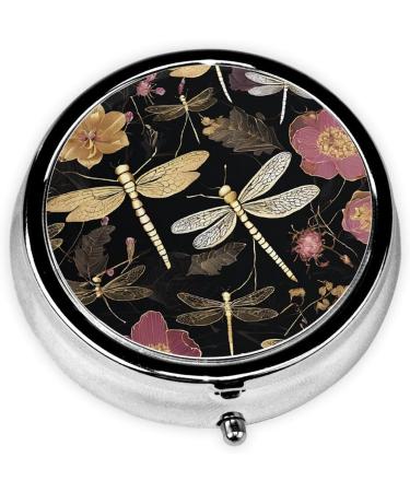 Dragonflies Grey Printed Mini Round Pill Box | 3 Compartment Travel Pill Organizer | Portable Medicine Case for Home & Office - Buy Online on GoSupps.com