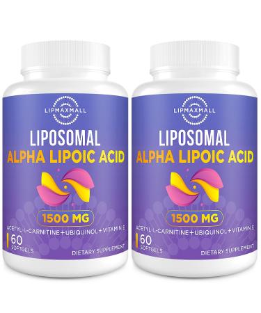 Liposomal Alpha Lipoic Acid 1500mg - with Acetyl-L-Carnitine 900mg & Ubiquinol 100mg & Vitamin E 15mg ALA Supplement for Antioxidants Energy 60 Softgels (2 Bottle) Unflavored 60 Count (Pack of 2)