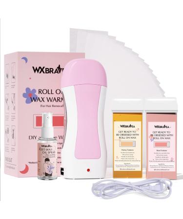 Roll on Wax Kit  WX BRAVEA Wax Roller Roll on Wax Warmer for Hair Removal  Soft Wax Depilatory Wax for Sensitive Skin  1 Rose Wax&1 Honey Wax for Brazilian Wax  100 Wax Strips&1 Post Wax Oil for Women and Men