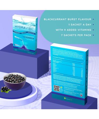 Hydravive Rehydration Electrolytes Powder - High Strength Vitamin C and All 8 B Vitamins: B1 B3 B5 B12 Supplement Sachet Drink - Effervescent Electrolyte Hydration Tablets - 7 Pack Blackcurrant - Buy Online on GoSupps.com