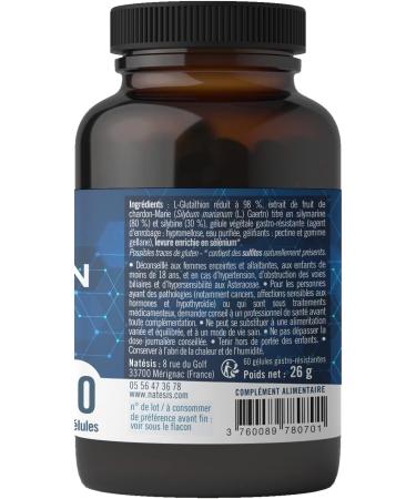 NATESIS ANTIOXYDANT & DETOX - L-Glutathion R DUIT 98% - Chardon-Marie Silymarine 80% - S l nium - D toxifie Foie Corps - Prot ge R g n re Beaut de la Peau - VEGAN - Fabriqu en France - Buy Online on GoSupps.com