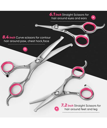 6 in 1 Professional Dog Grooming Scissors Kit with Safety Round Tips - Titanium Coated Stainless Steel Shears for Pets - Pink - Buy Online on GoSupps.com