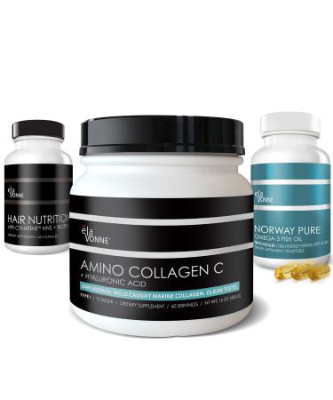 Marine Collagen + Hair Vitamins + Omega-3 Fish Oil - Beauty Nutrition Trifecta Bundle - Skin Nails Joints Aging Nutraceuticals