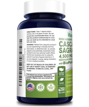 NusaPure Cascara Sagrada 500mg Veggie Caps - 250 Vcaps, Bioperine, Non-GMO Gluten Free Extract 10:1 - Buy Online on GoSupps.com