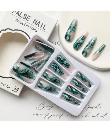 24Pcs Long Green Marble Coffin Press on Nails with Gold Foil Designs - Glossy False Nails for Women & Girls - Buy Online on GoSupps.com