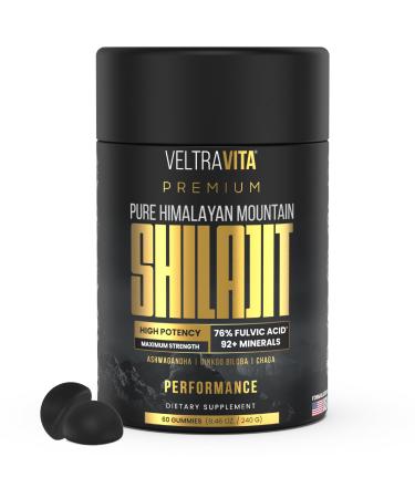 VeltraVita Pure Himalayan Shilajit Gummies with Ginkgo Biloba Chaga & KSM-66 Ashwagandha | Shilajit for Men & Women |10000 mg Max Potency | 76%+ Fulvic Acid & 92+ Trace Minerals | Sugar Free