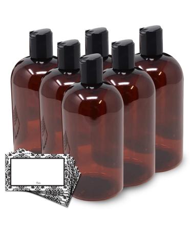 Baire Bottles 16 oz Empty Plastic Bottles with Squeeze Top for Shampoo Bottles, Lotion Bottle, Hand Sanitizer, 6 Pack, Waterproof Labels, PET, BPA Free USA (Amber/Brown with Black Disc, Damask Labels)