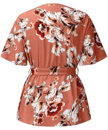 Women's Plus Size Pink V-Neck Wrap Blouse with Waist Belt - Casual Short Sleeve Tee for Large Sizes - Buy Online on GoSupps.com