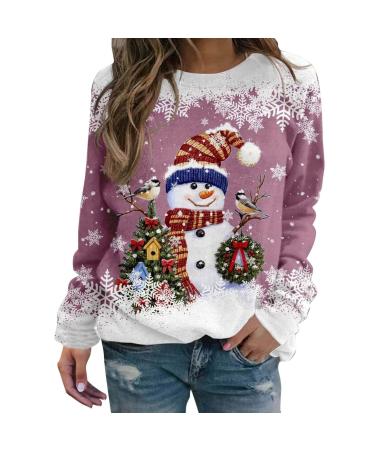 Women's Christmas Sweatshirts Cute Snowman Penguin Print O-Neck Raglan Top Shirt Pullover Comfy Warm Xmas Jumper Winter Long Sleeve Tops Loose Tunic Top Sweaters Z35-pink XL