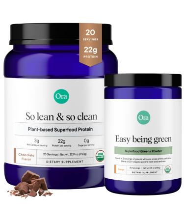 Ora Organic Greens Powder & Vegan Protein Power Bundle: 20+ Superfood Greens Blend - Citrus Flavor 30 Servings + 22g Plant Based Protein Chocolate Flavor 20 Servings