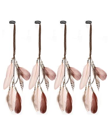 MWOOT 4Pcs Feather Hair Clips Boho Hippie Hair Extensions Clip Indian Tassel Hemp Rope Braided Beads Headdress Hair Accessories for Women Halloween Party Costume Decor