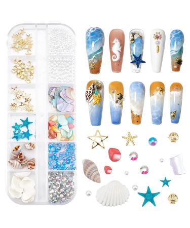 NICENEEDED Ocean Themed Nail Decorations Kit Irregular Abalone Shell Slices Conch Starfish Nail Art Charms Colorful Seashell Fragments Caviar Beads Nail Studs Supplies for Nail Design(Style 6)