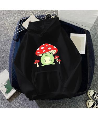 Cute Frog Mushroom Hoodie for Women | Long Sleeve Drawstring Sweatshirt with Pockets | Casual Top in Black | Size Medium - Buy Online on GoSupps.com