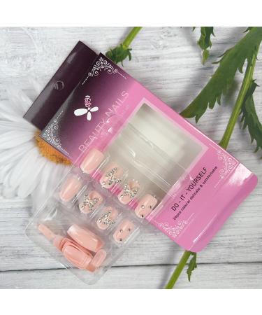 Short Press on Nails with Butterfly Charms - White French Acrylic Square Shape | Cute 24Pcs Stick-On Nails for Women - Buy Online on GoSupps.com
