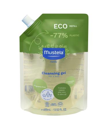 Mustela Certified Organic Eco-Refill Cleansing Gel - Natural Hair & Body Wash with Olive Oil & Aloe Vera - For Baby  Kid & Adult - Fragrance Free  Tear Free  Vegan & Biodegradable - 13.52 fl. oz. Eco-refill Pouch