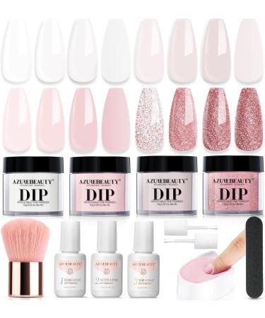 AZUREBEAUTY Dip Powder Nail Kit Starter 4 Colors Clear Pink Glitter Neutral Skin Transparent 12 PCS Dipping Powder Set All Seasons French Nail Art Base Top Coat Activator Liquid Manicure DIY Salon