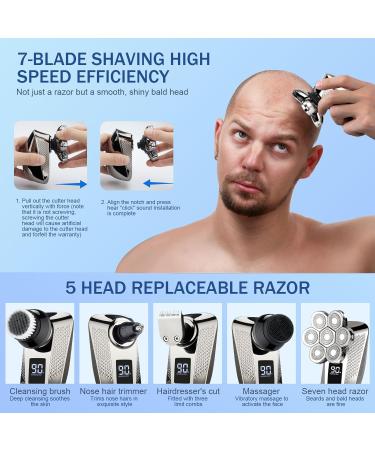 Head Shavers for Men IPX7 Skull Shaver 7D Rechargeable Rotary Shaver 5-in-1 Bald Men's Shaver Electric Razor Grooming Kit with Nose Trimmer and Hairdresser's Scissors - Buy Online on GoSupps.com