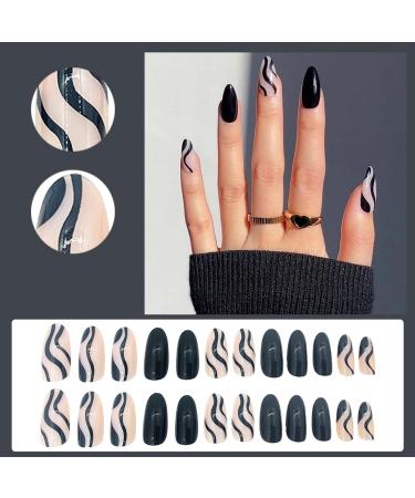 Justotry 24 Pcs Short Swirl Almond Black French Press on Fake Nails with Nail Glue - Stiletto Stick on Nails for Women's Art - Medium Length - Buy Online on GoSupps.com