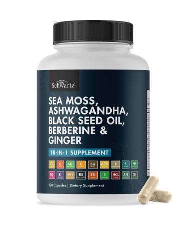 BioSchwartz Sea Moss Black Seed Oil Ashwagandha Ginger Supplement with Turmeric Berberine HCI Burdock Bladderwrack Resveratrol Elderberry Manuka Honey Apple Cider Vinegar ACV - 120 Sea Moss Capsules 120 Count (Pack of 1)