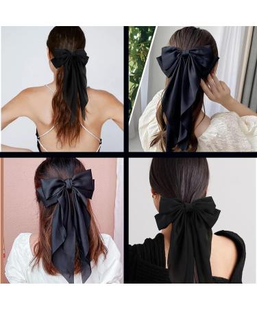 Black Hair Bow Black Bow Hair Clip for Women Solid Color Bow Hair Clips with Long Ribbon French Black Bow Hair Clip Soft Satin Silky Hair Bows Cute Gifts for Women Girls - Buy Online on GoSupps.com