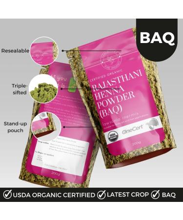 200g Organic Certified Rajasthani Henna Powder 100% Pure Mendhi Natural Hair Colour Dye Triple Sifted BAQ - Buy Online on GoSupps.com