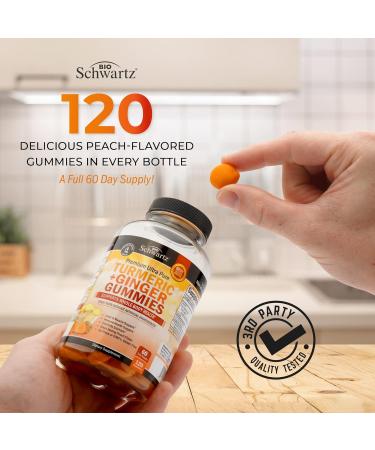 Turmeric Curcumin Ginger Gummies - 120 Count - Vegan Joint Support Supplement - Non-GMO & Made in USA - Peach Flavor - 60 Day Supply - Buy Online on GoSupps.com