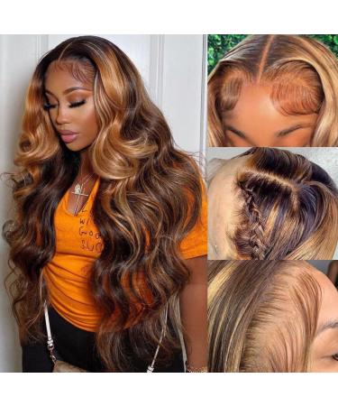 32 inch Ombre Highlight 13x4 HD Lace Front Wigs 180% Density Body Wave Human Hair Msgem Transparent 4/27 Highlight Body Wave Lace Front Human Hair Wigs for Black Women Pre Plucked With Baby Hair 32 Inch 180% Density 13x4 H…