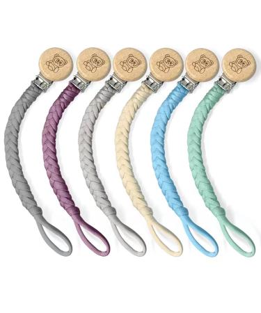 PandaEar 6 Pack Pacifier Holder Clips for Boys and Girls Handmade Braided Cotton Baby Binky Clips Pacifier Strap Lanyard Chain Fit All Pacifiers Teethers Neutral