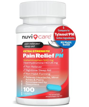Extra Strength Pain Relief PM - Acetaminophen 500mg & Diphenhydramine 25mg - Compare to Tyleno PM Extra Strength Sleep Aid - Adult PM Pain Reliever for Nighttime Aches & Pains (100 Tablets)